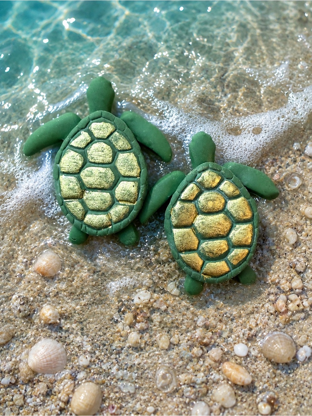 Gold-Shell Green Sea Turtle Handmade Polymer Clay Earrings